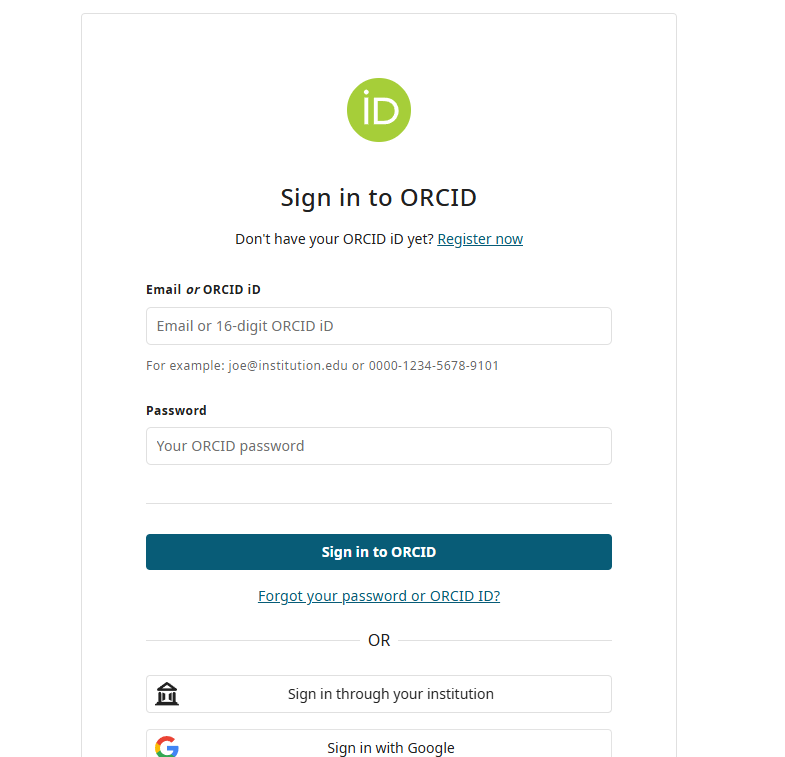 ORCID login page